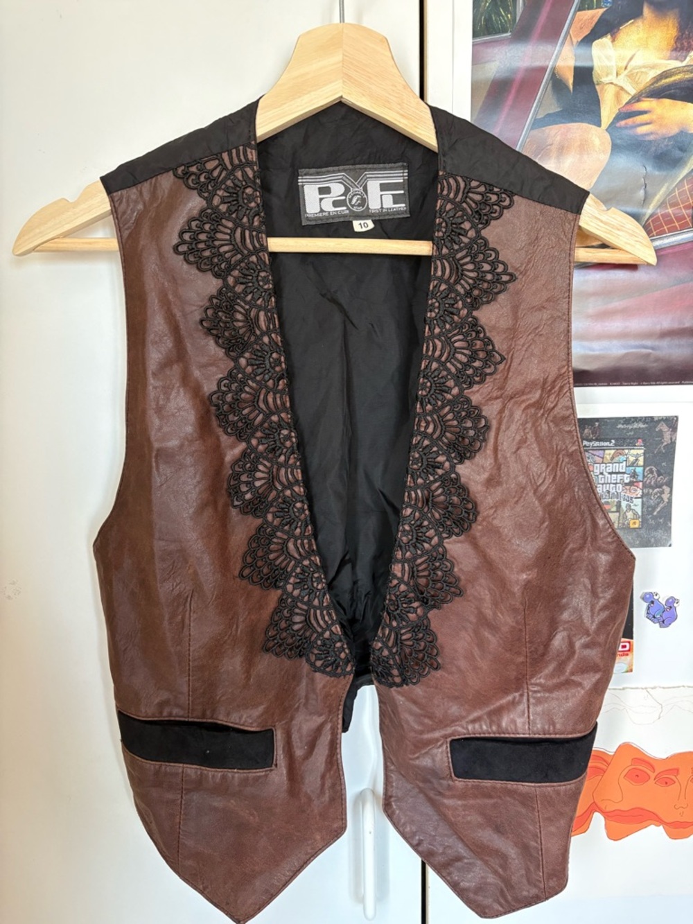 Brown Leather Vest with Black Lace Trim
